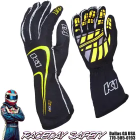23-tr1-by K1 Racegear Track 1 Nomex Racing Gloves Sfi 3.3/5 Black/fluo Yellow Kids And Adult